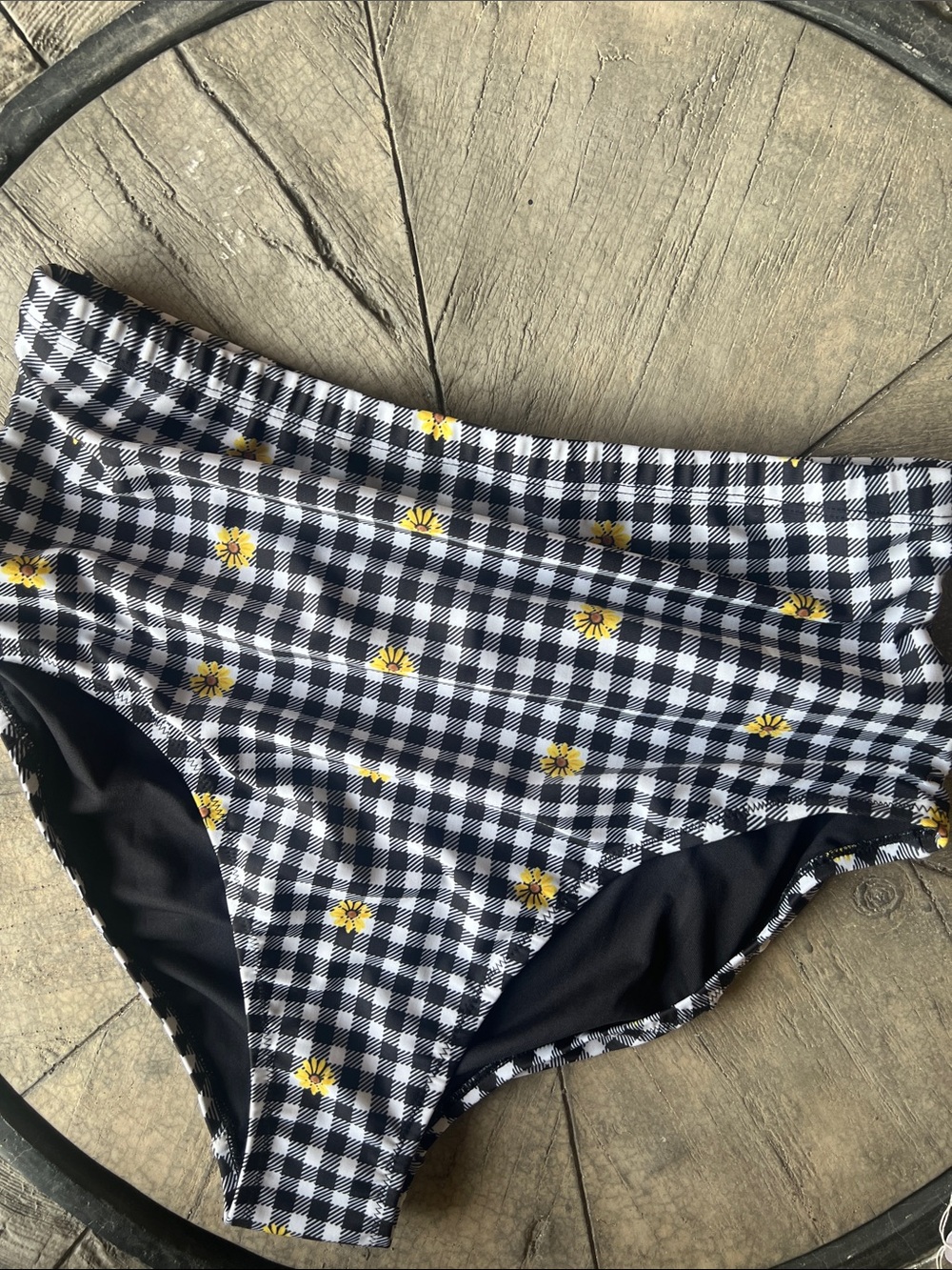 Old Navy Black Gingham Swim Shorts with Yellow Floral Print